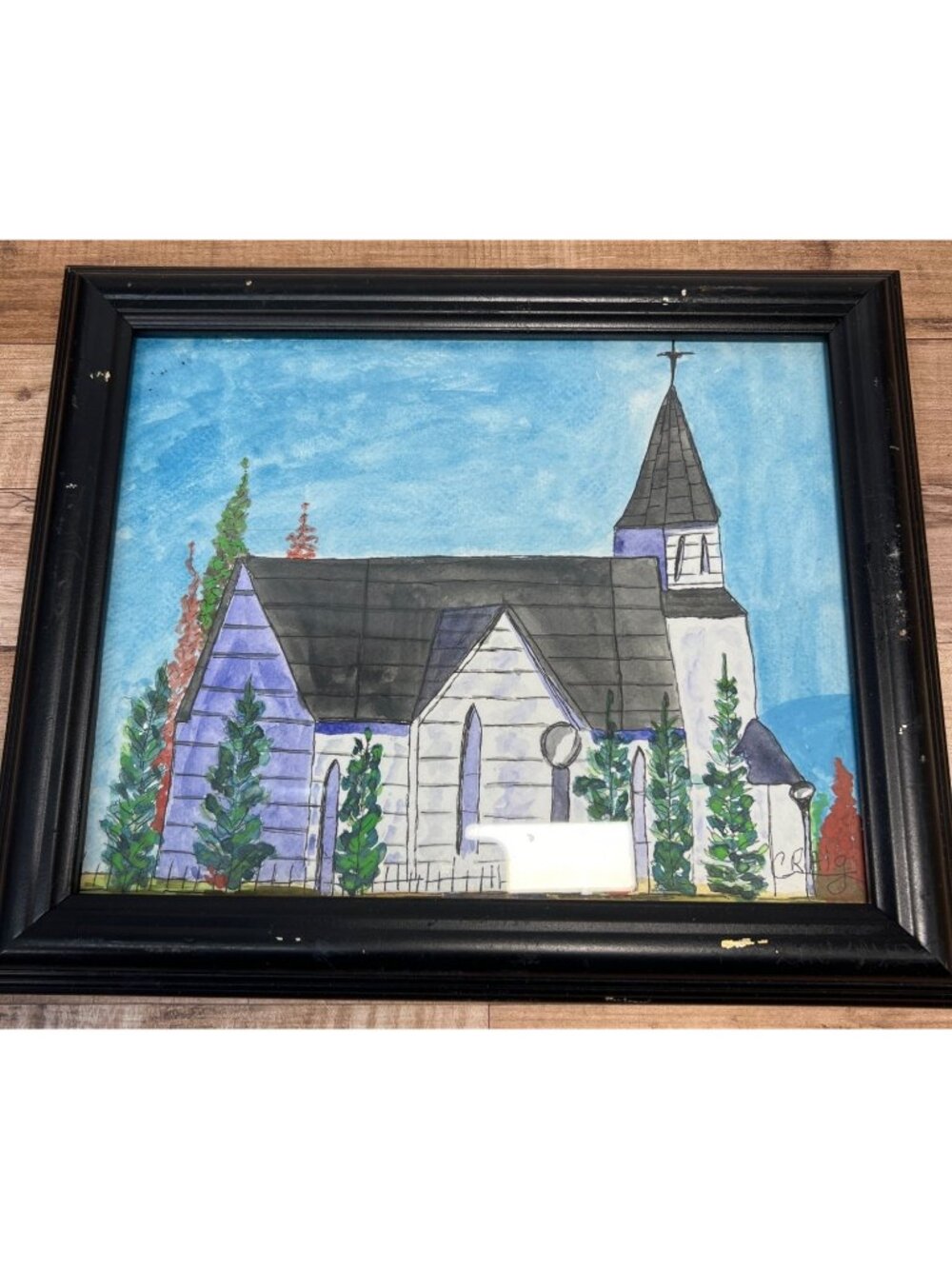 Hand-Painted Church Landscape Watercolor Art In Black Wood Frame